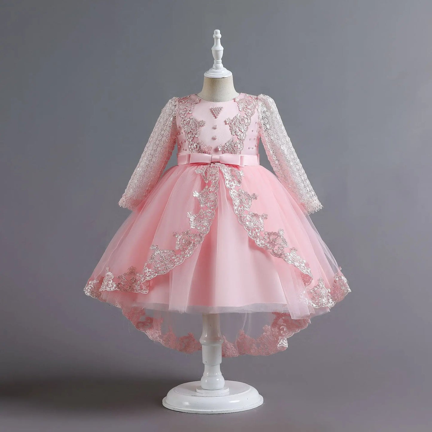 Party-Tüll-Kleider für Mädchen, langärmelig, Spitze, Perlen, nachgestelltes Prinzessinnenkleid für Kinder, Hochzeit, Geburtstag, Performance, Abendkleid
