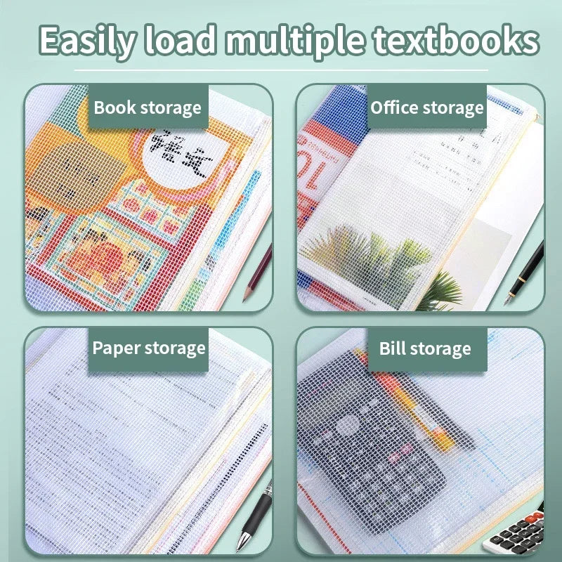 Zipper Mesh Bags A4/A5 Plastic Zipper Bags For Organizing Waterproof Clear Travel Bags Office Supplies Document，color random.