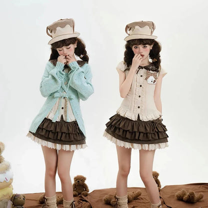 Japanese Sweet Lolita Mini Skirts Women Y2K Kawaii Lace Patchwork Bow Cake Skirt Femme High Waist Preppy All Match A Line Skirts.