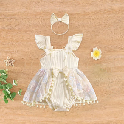 0-18M Kleinkind Baby Mädchen Sommer Strampler Kleid Nette Rüschen Ärmellose Square Neck Blume Body mit Stirnband Set neugeborene Kleidung