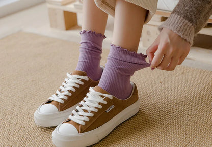 5 Pairs of Women's Solid Color Cotton Socks Japanese Style Ruffle Stacked Socks Cute Laciness Women's Long Socks.