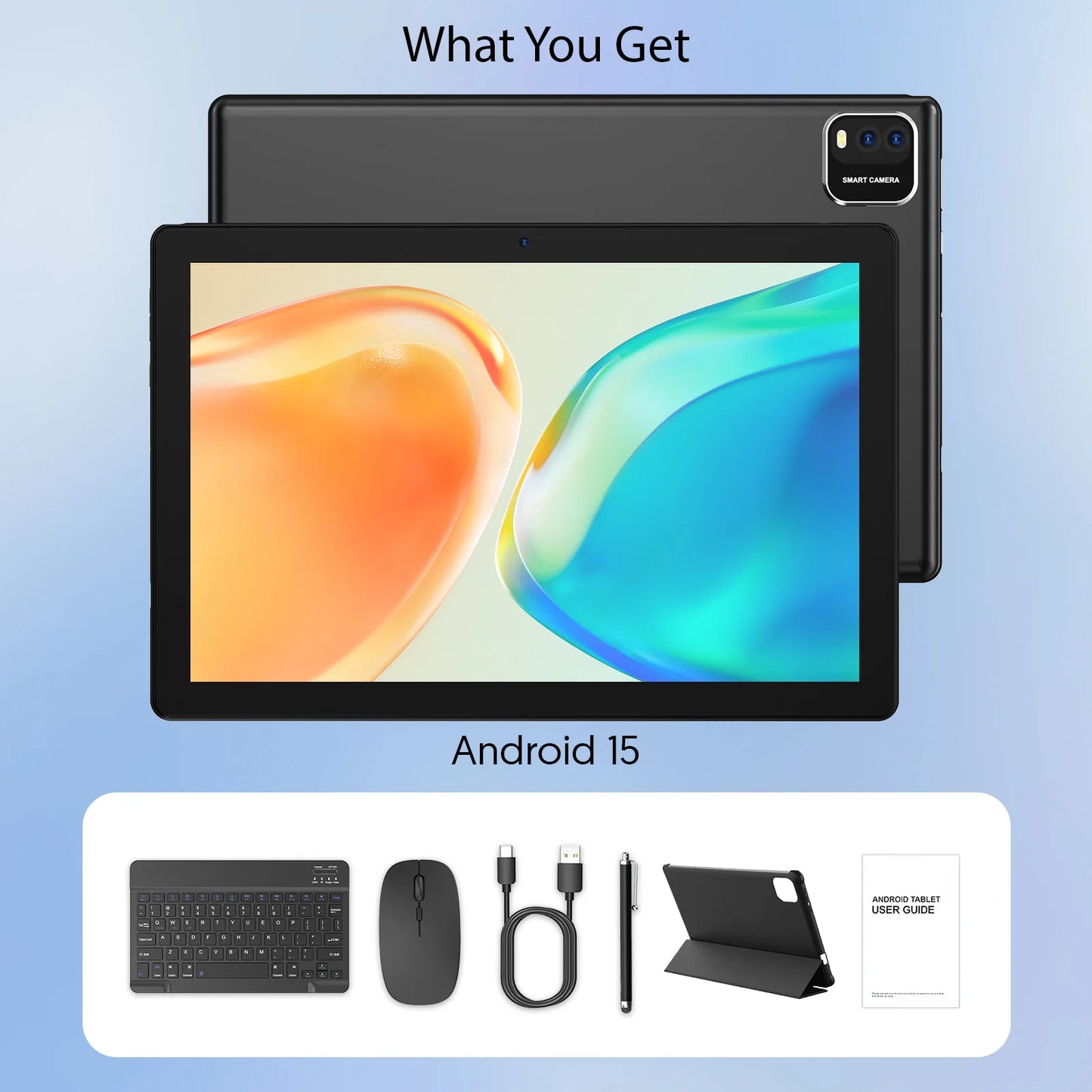 BAKEN Android 15 tablet, 10-inch, 12 (3+9)GB RAM + 64GB ROM, quad-core, 6000mAh battery, includes a free protective case.