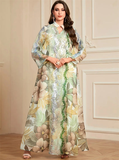 Siskakia Ramadan Dubai Floral Print Long Dress Sequins Patchwork Abayas Mesh Kebaya For Muslim Women's Casual Loose Clothing.
