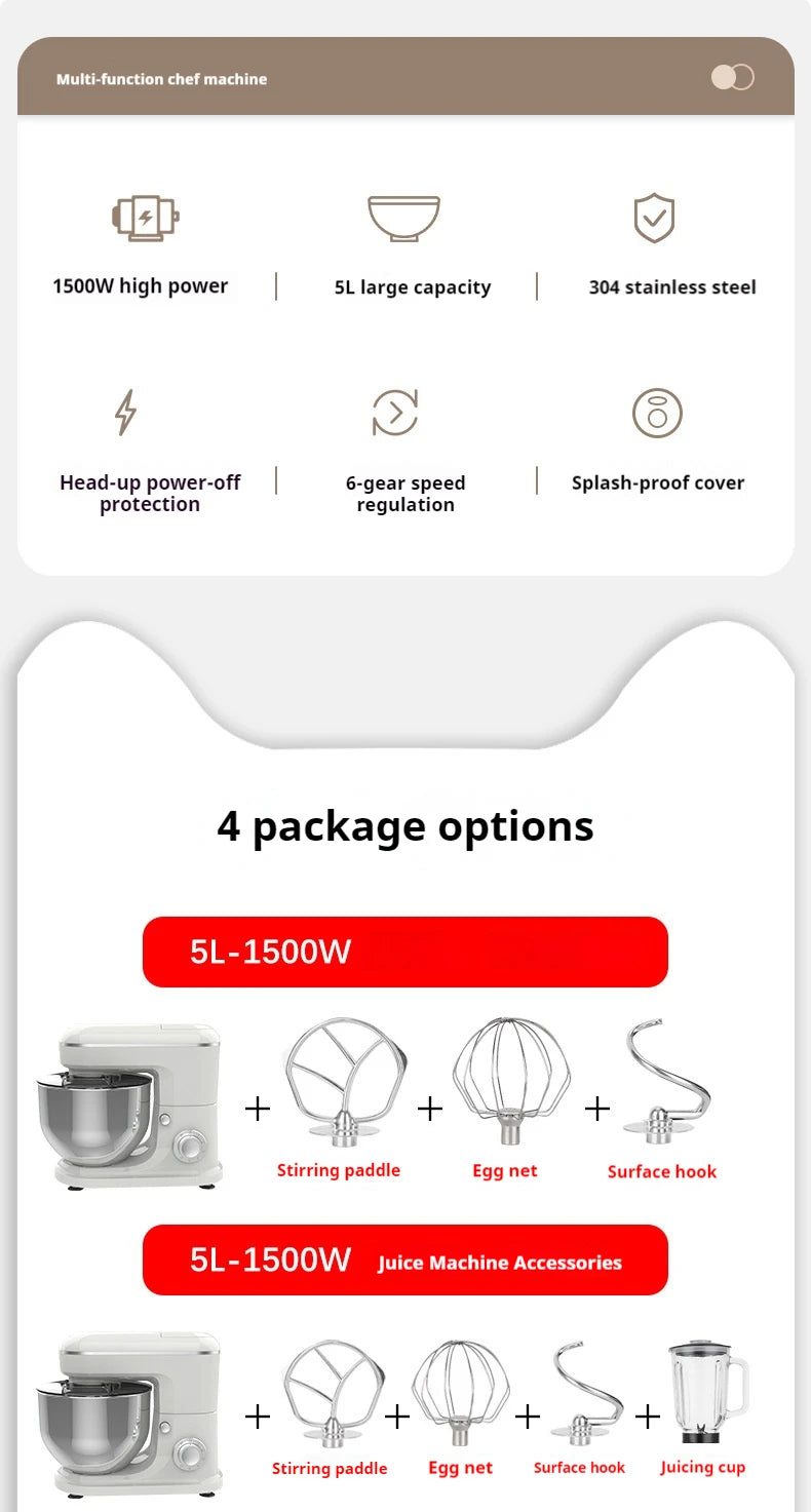 10L Chef machine and noodle machine, stainless steel bowl, high-power egg beater, noodle mixer, egg beater.