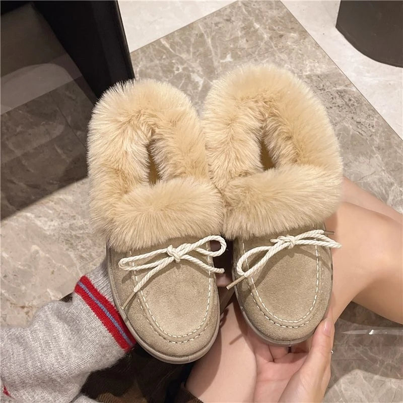 Bow Round Toe Flat Fleece-lined Woman Shoes Trend 2025 Y2k Chic and Elegant Winter Novelty Padded Sale Hot Snow Boots for Women.