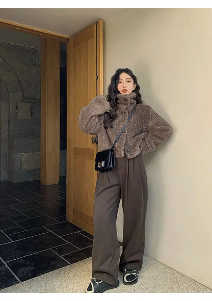 2025 Winter Fashion Stand Collar Warm Plush Short Jacket Women Autumn Retro Street Thickened Loose Harajuku Casual Short Jacket