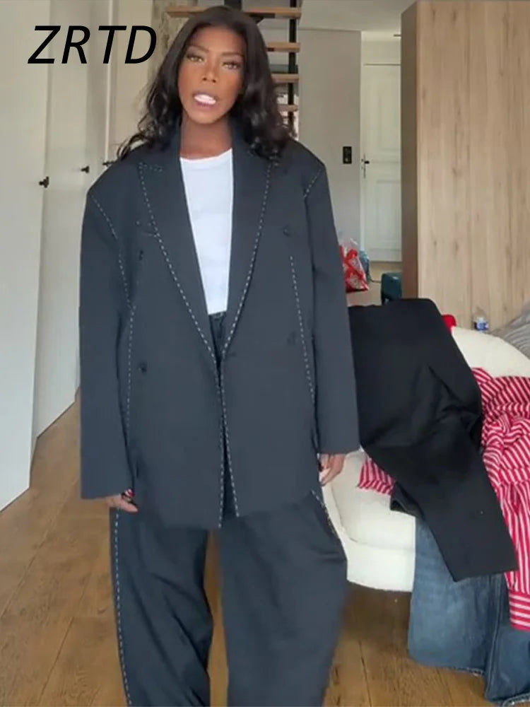 Fashion Line Suit Jackets Pants Sets Women Loose Lapel Double Breasted Blazer Pleated Wide Leg Pant 2025 Autumn Lady Office Suit.