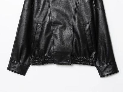 MUJER Schwarze Bomberjacken für Damen, Büro, Kunstleder, Damenjacke, Druckknopf, Wintermäntel für Damen, Mantel, Oberbekleidung