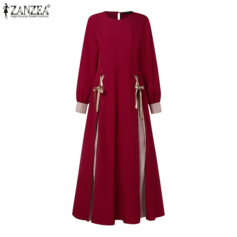 ZANZEA Mode Frauen Langarm Muslimischen Abaya Kleid Frühling Patchwork Maxi Kleider Robe Femme IsIamic Vestidos Lace Up Sommerkleid
