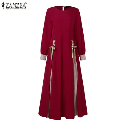 ZANZEA Mode Frauen Langarm Muslimischen Abaya Kleid Frühling Patchwork Maxi Kleider Robe Femme IsIamic Vestidos Lace Up Sommerkleid