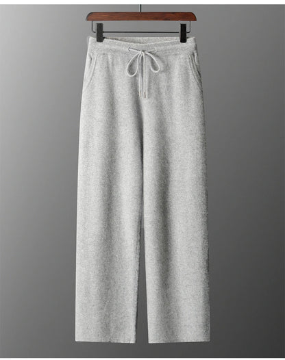 Classic Versatile 100% Cashmere Pants Men High Waist Knitted Straight Pants Solid Color Loose Thin Wide Leg Pants.