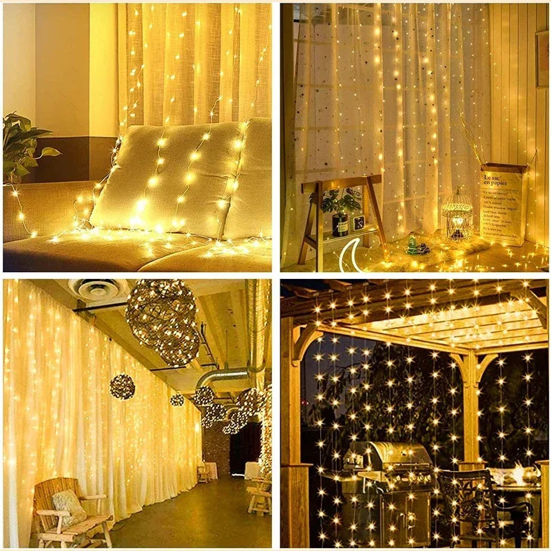 300 LED-Vorhang-Lichterkette, 8 Modi, USB-Stecker, Kupferdraht, Lichterkette für Schlafzimmer, Fenster, Weihnachten, Hochzeit, Party, warmweiß.