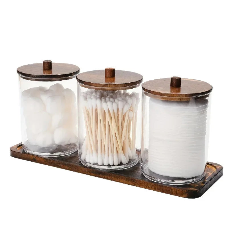 Transparent Acrylic round Wood Lid Cotton Swab Box Plastic Small Organizer Box Makeup Remover Cotton Storage Box Set.