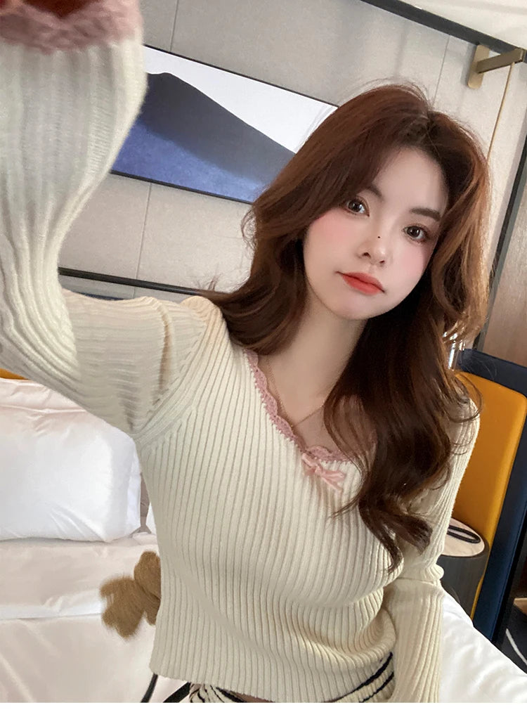 HOUZHOU Vintage Elegante Kokette Gestrickte Pullover Frauen Koreanischen Stil Cuteore Sexy Bogen Patchwork Quadrat Kragen Dünne Strickjacke 2025.