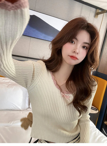 HOUZHOU Vintage Elegante Kokette Gestrickte Pullover Frauen Koreanischen Stil Cuteore Sexy Bogen Patchwork Quadrat Kragen Dünne Strickjacke 2025.