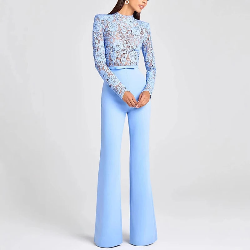 Jacquard Lace High-waisted Women Jumpsuit Embroidery Crochet Office Straight Playsuit Sexy See Through Hollow Flare Pants Romper.