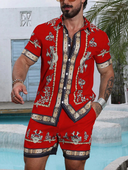 Baroque Luxury Printed Men's Shirt Shorts 2 Piece Set Summer Casual Shirt Hawaiian Beach Short-sleeved Men's Suits Clothing.