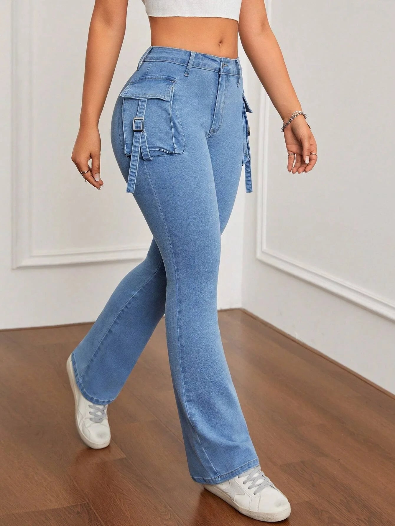 High Waist Bell Bottom Jeans Women's Slim Fit Workwear Denim Pants High Elasticity Cross-Border Long Trousers.