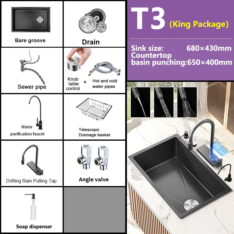 Black Stainless Steel Kitchen Sink Waterfall Sink dishwashing Basin Large Single Sink Household Sink Under The Counter Sink