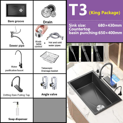 Black Stainless Steel Kitchen Sink Waterfall Sink dishwashing Basin Large Single Sink Household Sink Under The Counter Sink