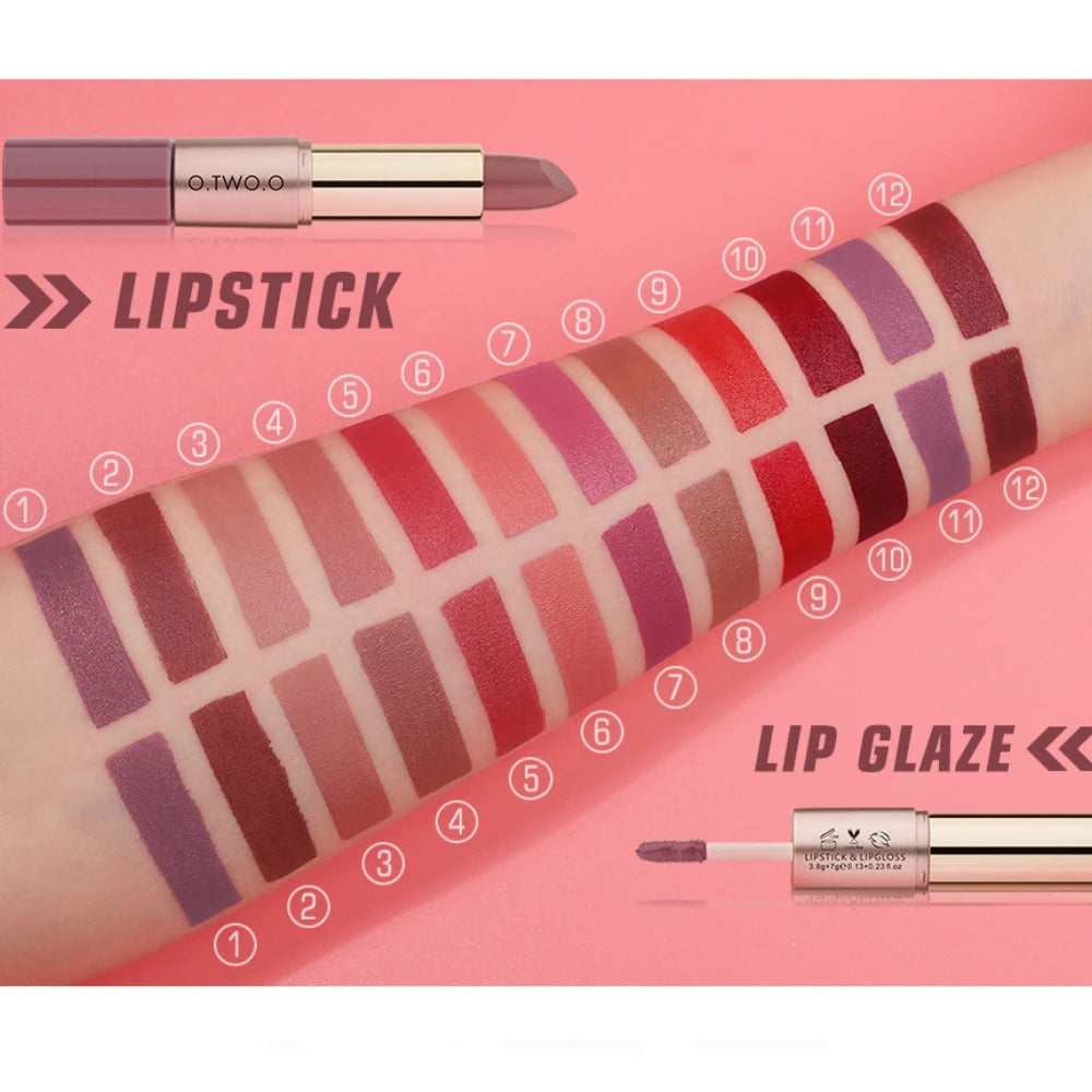 O.TWO.O 2 IN 1 Matte Lipstick&Liquid Lipstick 12 Colors Makeup Lip Glaze Waterproof Batom Lip Cosmetics Silky Texture.