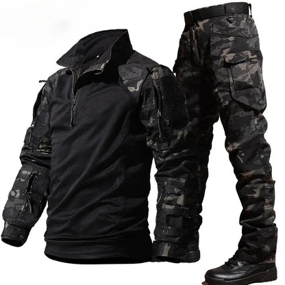 Autumn Tactical Sets Men Outdoor Breathable Short Sleeve Tshirt+Waterproof Straight Pant 2 Pcs Suits Camo Multi-pocket Cargo Set