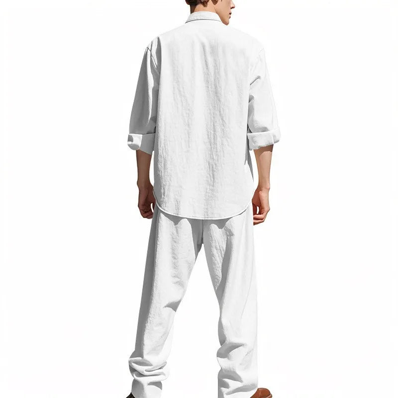 Long Sleeve Shirt Sets Mens Casual Linen 2Pcs Suit Lightweight Long Sleeve Shirt Loose Drawstring Trousers Casual Streetwear Set.
