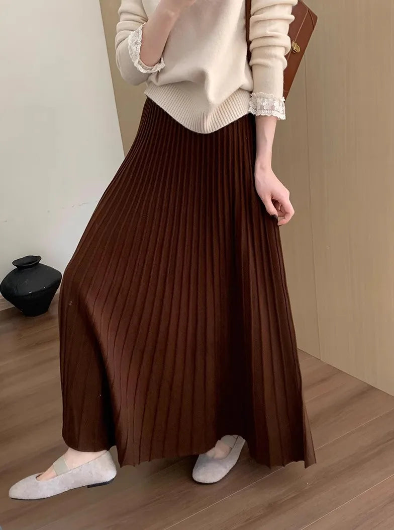 2026 Khaki Cashmere Knitted Midi Skirt for Women, Loose Fit, Draped, Slimming A-Line Pleated Skirt for Autumn and Winter