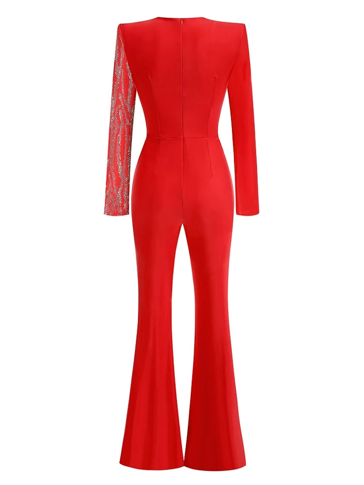 Sexy Deep V Neck Sparkly Diamonds Design Jumpsuit Women Long Sleeve Draped Wide Leg Jumpsuit Elegant Evening Club Costume Runway