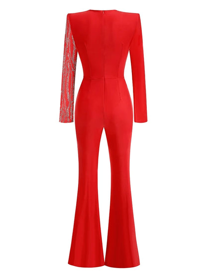 Sexy Deep V Neck Sparkly Diamonds Design Jumpsuit Women Long Sleeve Draped Wide Leg Jumpsuit Elegant Evening Club Costume Runway