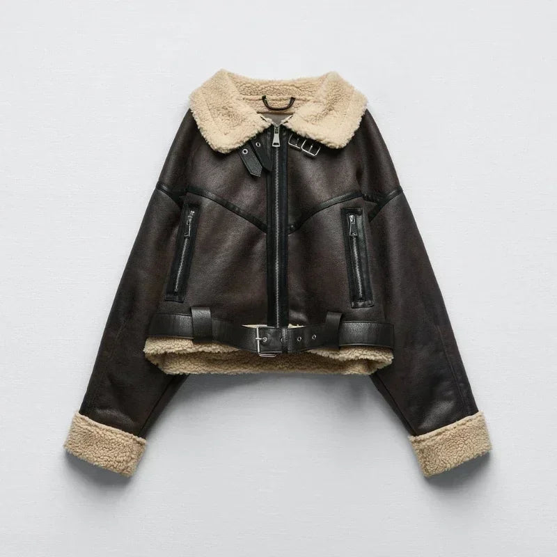 Frau dicke warme doppelseitige Faux Shear ling Jacke Herbst Winter neue Revers Langarm Gürtel Saum Reiß verschluss weibliche Oberbekleidung