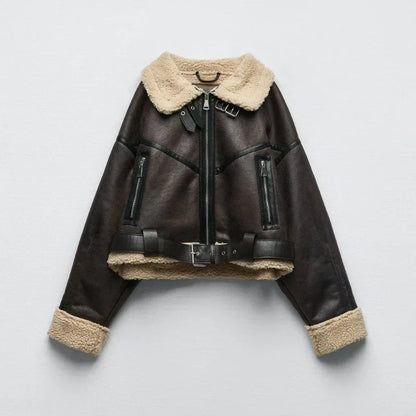 Frau dicke warme doppelseitige Faux Shear ling Jacke Herbst Winter neue Revers Langarm Gürtel Saum Reiß verschluss weibliche Oberbekleidung