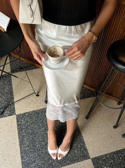 Tossy White Casual Lace Long Skirt For Women Slim High Waist Patchwork Elegant Commute Clothes Summer 2025 Female Maxi Skirt New.