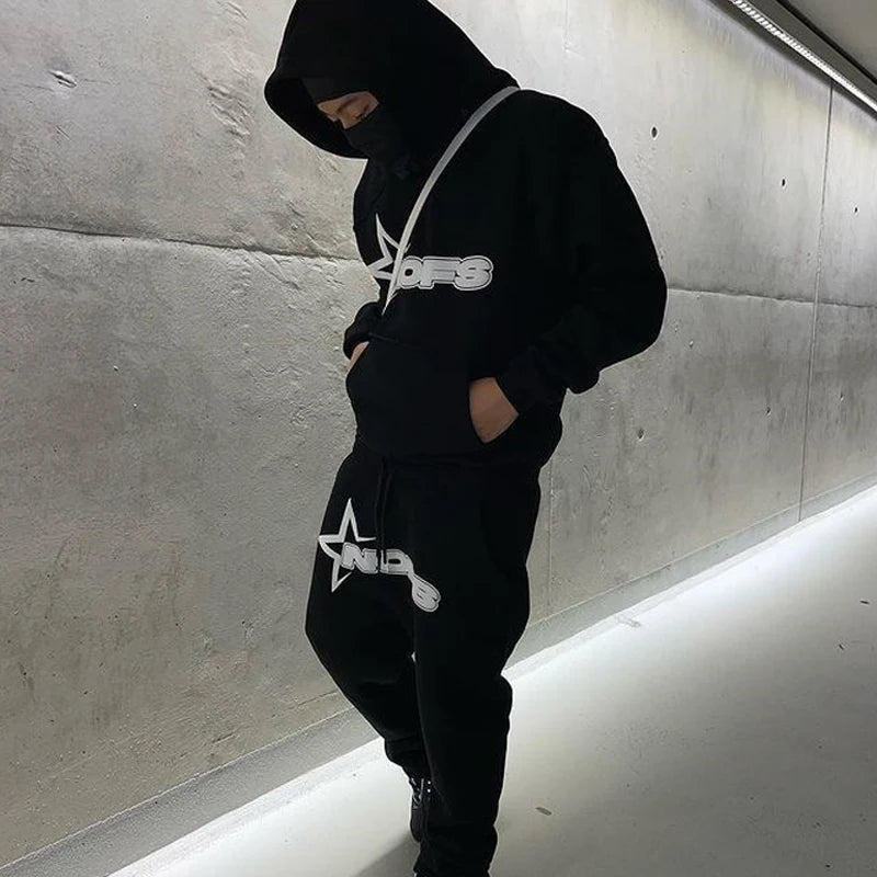 2024 New 2 Piece Set Letter Printing Streetwear Y2K Men's Hip Hop Oversized Hoodie Sweatshirt Sweatpant Casual Pants Sportswear.