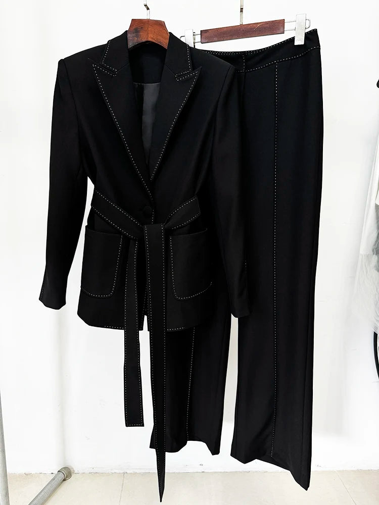 HIGH STREET Newest Fashion 2024 Designer Suit Set Women's Contrast Stitching Belted Blazer Pants Suit 2pcs.