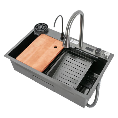 75 * 46 cm Edelstahl-Wasserfall-Küchenspüle mit ausziehbarem Wasserhahn, Seifenspender, Tassenwascher