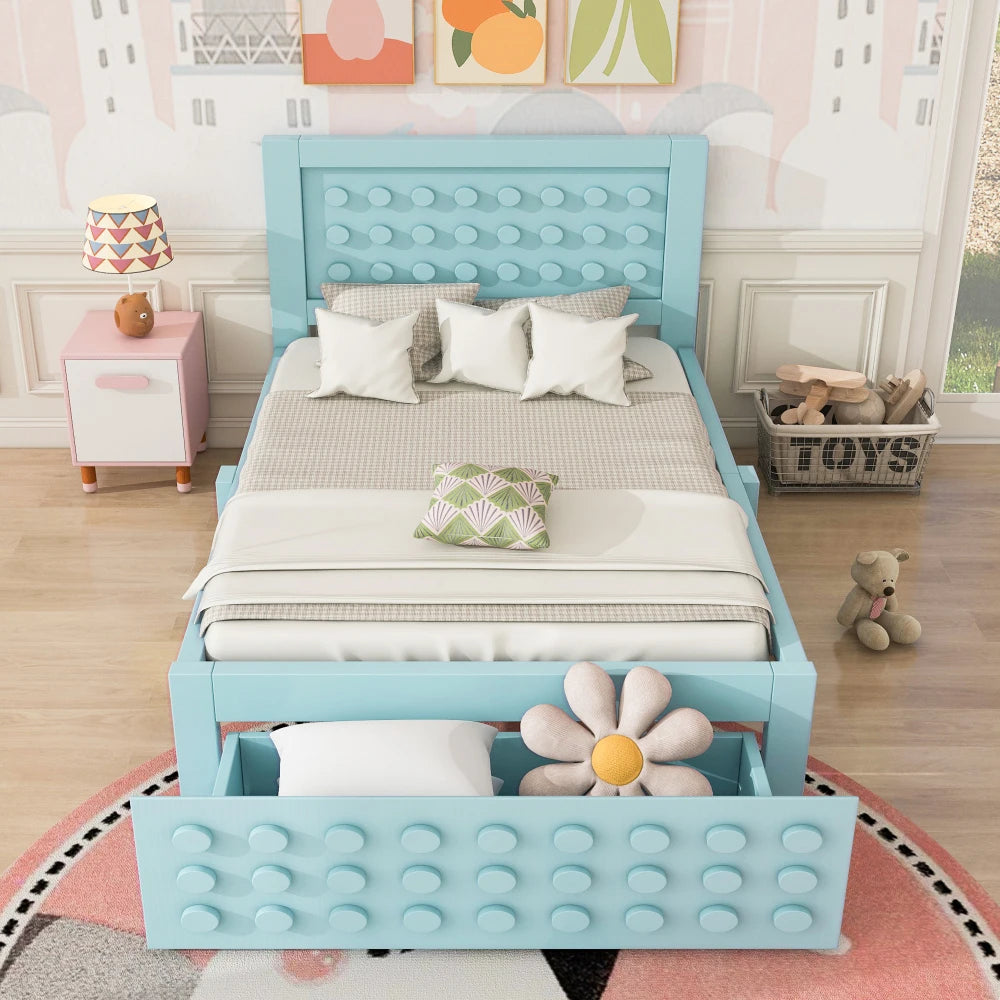 Jugendbett mit kreativem Blockdesign, Gestell aus Massivholz mit Gitterrost, mit Stauraum unter dem Bett, ohne Matratze