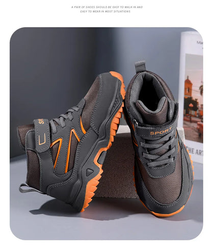 New Boys' Sports Shoes Non-slip School Children's Leather Breathable Running Black Fashion Hiking Shoes Sneaker Size 29-40.