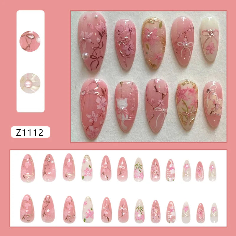 24pcs Flower Print Press on Nails Wine Red Blush Almond False Nail Tips Wearable Reusable Summer Spicy Girl Fake Nails