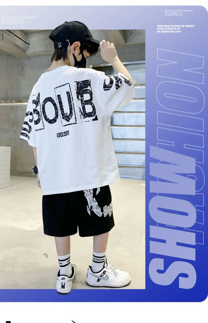 Boys Summer Trendy Casual Sports 2pcs T-shirts+Pants Suits 3-14 Years Teenage Boys Hip Hop Style Fashion Outfits Clothes Sets.