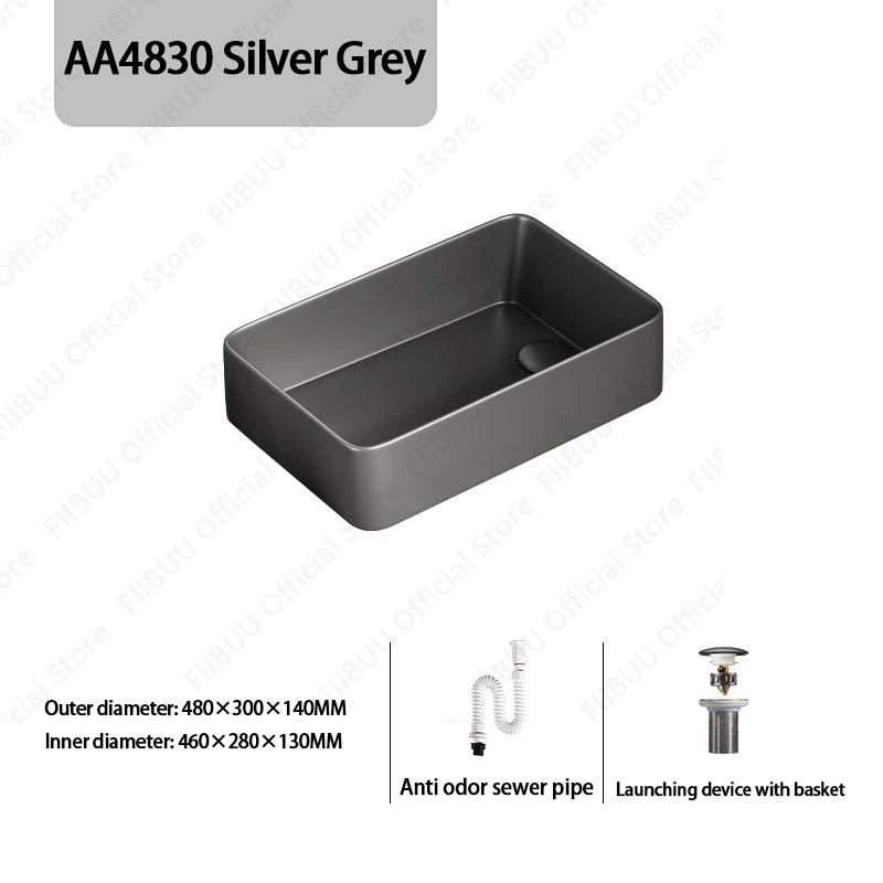 Rechteckiges silbergraues Porzellan-Keramikgefäßwaschbecken über der Theke, Toilette, Badezimmer-Schminktisch, Waschbecken, glasiertes weißes Waschbecken