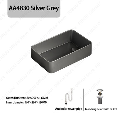 Rechteckiges silbergraues Porzellan-Keramikgefäßwaschbecken über der Theke, Toilette, Badezimmer-Schminktisch, Waschbecken, glasiertes weißes Waschbecken