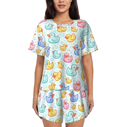 Benutzerdefinierte Frauen Gelb Klassische Gummi Ente Pyjamas Set Gedruckt Zwei-stück Pj Sets Kurzarm Nachtwäsche Loungewear