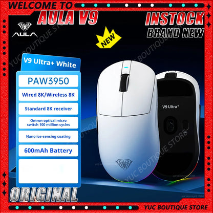 New Aula V9 Ultra Wireless E-sports Gaming Mouse Double 8k 3mode PAW 3950 8k 55g Lightweight Ergonomic Mouse Custom PC Accessory.