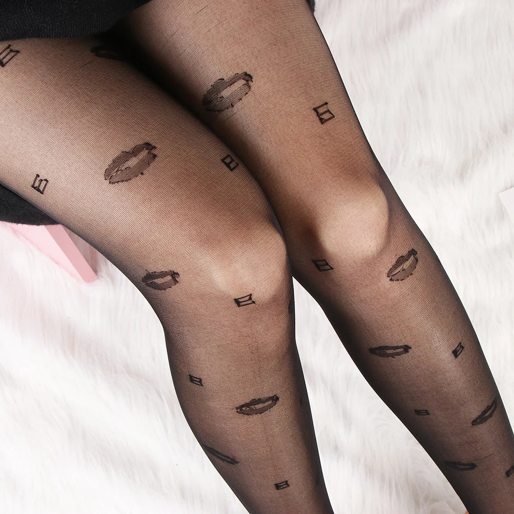 Sexy Women love Dot Embroidery Silk Stocking Thin Vintage Faux Tattoo Thigh Sheer Pantyhose Female Elastic Hosiery girls Tights.