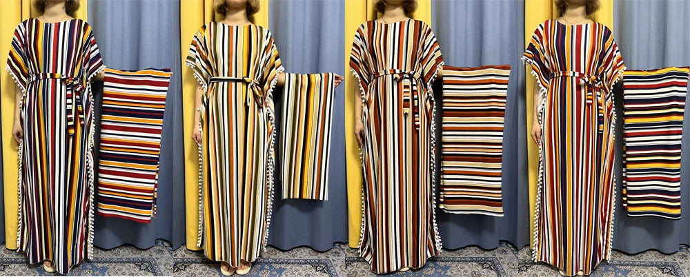 Abayas For Women 2024 Printed Vertical Stripe Tassels Elasticity Loose Fit Femme Robe African Woman Dresses With Belt Headscarf.