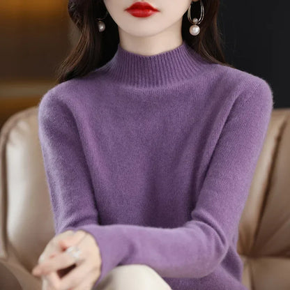 Herbst Winter Frauen Pullover Koreanische Mode Warme Bodenbildung Shirts Halb Hohe Kragen Grundlegende Strickwaren Solide Langarm Pullover