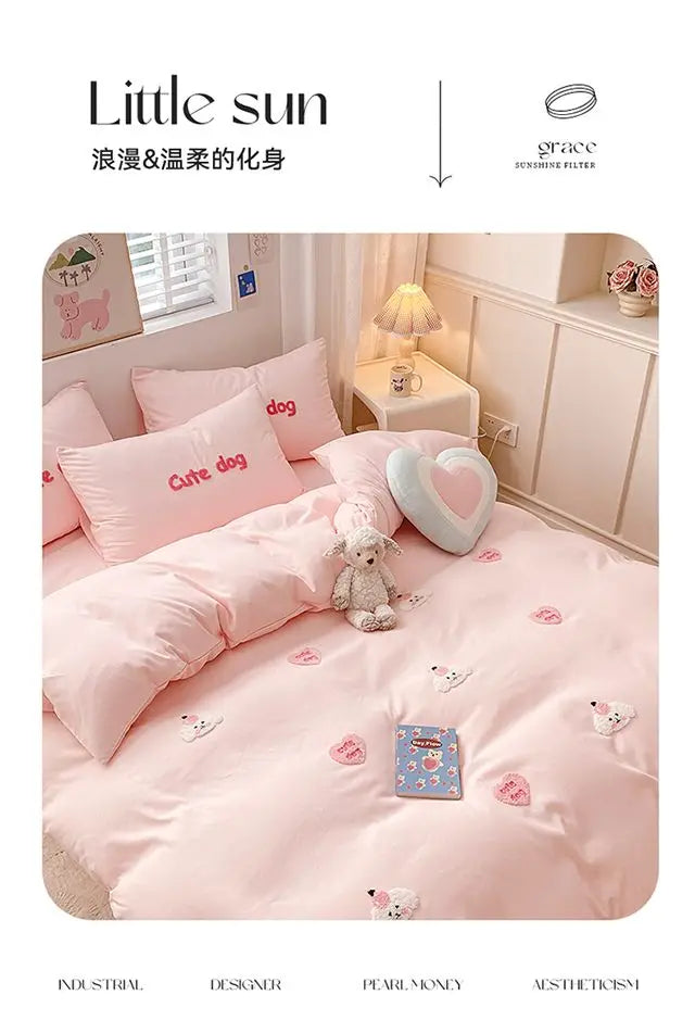 Ins Girly Heart Towel Embroidery Bedding Four-piece Set Soft Washed Cotton Bed Sheet Quilt Cover Three-piece Set.