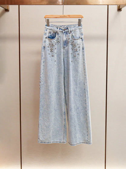 ANJY Autumn Winter Women Fashion Casual Versatile Washed Tide Diamonds Straight Jeans Trend Design Sense High Waist Pants A10636