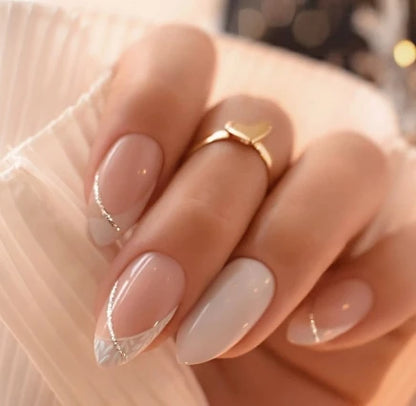 24Pcs/set Almond Press-On French Nail Tips Green Cat Eye False Nails Simple&Elegant Wearable Nail Art for Women&Girls Daily Wear